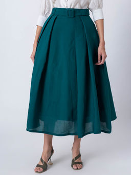 Moomaya - Exclusive Teal Midi Box Pleat Skirt with Fabric Belt (Set of 2)