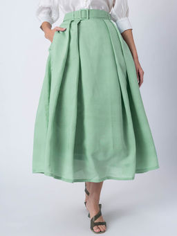 Moomaya - Exclusive Green Midi Box Pleat Skirt with Fabric Belt (Set of 2)