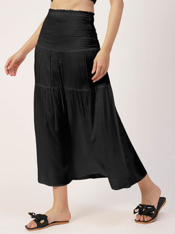 Moomaya - Black Solid Viscose Rayon Mid Waist Smocked Midi Skirt