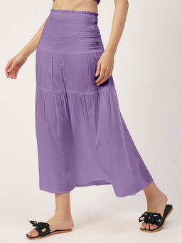 Moomaya - Purple Solid Viscose Rayon Mid Waist Smocked Midi Skirt