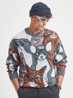 HIGHLANDER - Men Brown Oversized Printed Round Neck Sweater