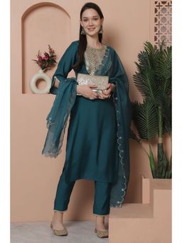 Rajnandini - Womens Teal Embroidered Kurta with Pant & Dupatta (Set of 3)