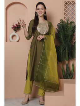 Rajnandini - Womens Olive Green Embroidered Kurta with Pant & Dupatta (Set of 3)