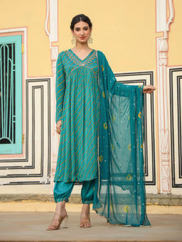 Scakhi - Teal Chinon Silk Bandhani Print Side Slit Kurta Patiala Dupatta (Set of 3)