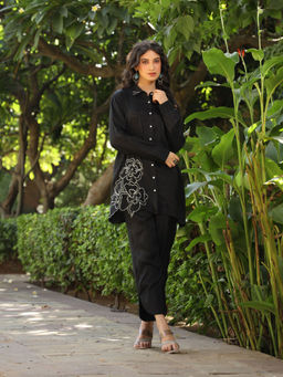 Scakhi - Black Muslin Silk Patch Work Co-Ord (Set of 2)