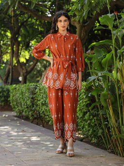 Scakhi - Rust Cambric Shiffli Warli Co-Ord (Set of 3)