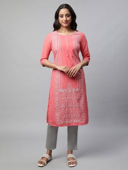 Aurelia - Coral Round Neck Printed Kurta