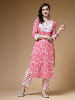 Indibelle - Cotton Pink White Floral Print Straight Kurta