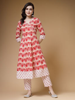 Indibelle - Cotton Peach Off White Floral Print A-Line Kurta