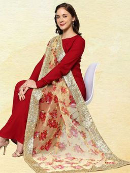 Dupatta Bazaar - Women's Printed Yellow Organza with Sequins Work