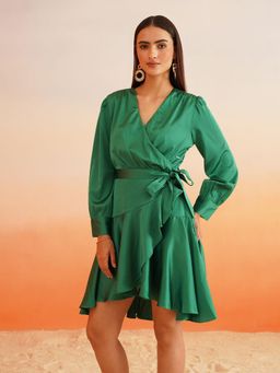 Beatnik - Women Green Satin Full Sleeves Dress