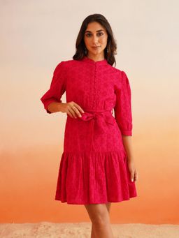 Beatnik - Women Pink Schiffli Puff Sleeves Dress