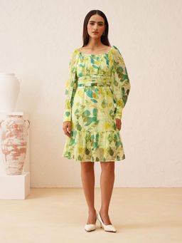 Beatnik - Women Green Dobby Full Sleeves Dress