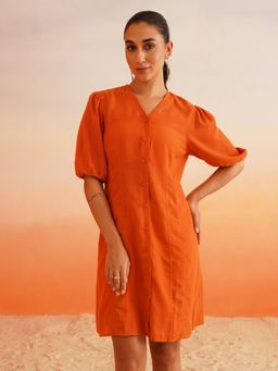 Beatnik - Women Orange Linen Blend Half Sleeves Dress