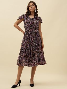 Beatnik - Women Black Georgette Ruffled Sleeves Dress
