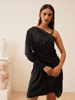 Beatnik - Women Black Satin Full Sleeves Dress