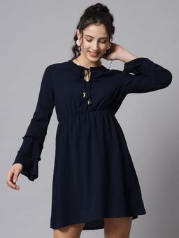 Beatnik - Women Blue Crepe Ruffled Sleeves Dress