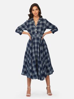 Beatnik - Women Blue Cotton Three Fourth Sleeves Dress, Belt