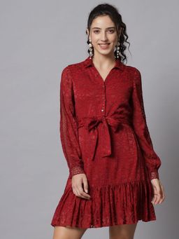 Beatnik - Women Red Satin Puff Sleeves Dress, Belt