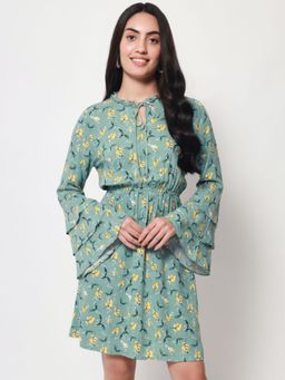 Beatnik - Women Green Rayon Ruffled Sleeves Dress