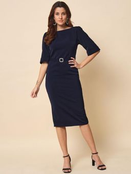 Beatnik - Women Blue Crepe Three Fourth Sleeves Dress