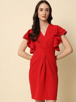 Beatnik - Women Red Crepe Ruffled Sleeves Dress
