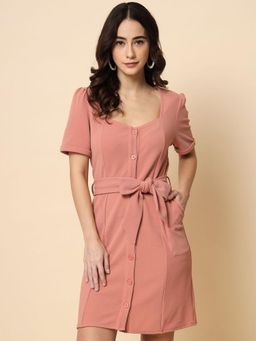 Beatnik - Women Pink Polyester Half Sleeves Dress, Belt