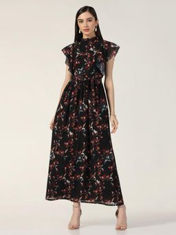 Beatnik - Women Black Georgette Ruffled Sleeves Dress