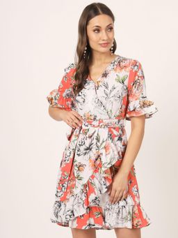 Beatnik - Women White Polyester Half Sleeves Dress, Belt