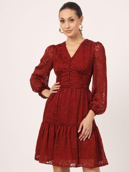 Beatnik - Women Red Lace Puff Sleeves Dress