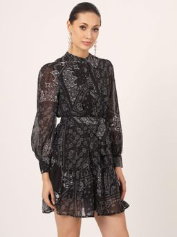 Beatnik - Women Black Georgette Puff Sleeves Dress, Belt