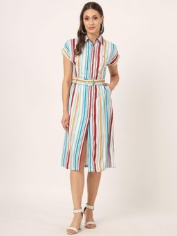 Beatnik - Women White Cotton Half Sleeves Dress, Belt