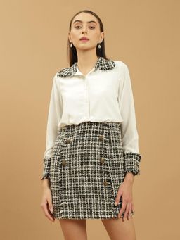 Beatnik - Women White Tweed Full Sleeves Dress