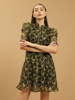Beatnik - Women Green Chiffon Puff Sleeves Dress