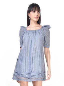 Beatnik - Women Blue Cotton Puff Sleeves Dress