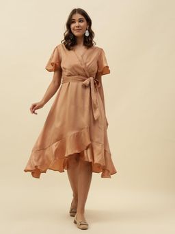 Beatnik - Women Beige Satin Half Sleeves Dress, Belt