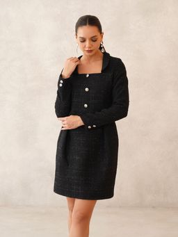 Beatnik - Women Black Tweed Full Sleeves Dress