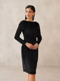 Beatnik - Women Black Velvet Full Sleeves Dress
