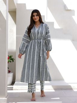 SAY - Striped Pure Cotton Night Suit With Robe (Set of 3)