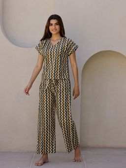 SAY - Striped V-Neck Pure Cotton Top With Pyjamas (Set of 2)