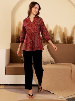 SAY - Printed Mandarin Collar Pure Cotton Top With Trousers (Set of 2)