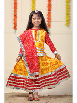 Ahhaaaa - Girls Yellow Bandhani Printed Lehenga Choli with Dupatta (Set of 3)