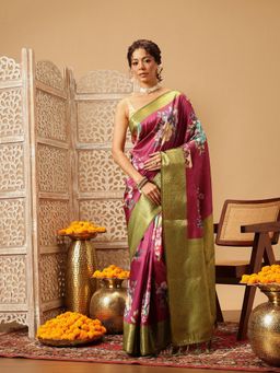 Silk Land - Digital Pink Printed Soft Silk with Woven Saree with Unstitched Blouse