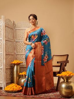 Silk Land - Digital Teal Printed Soft Silk with Woven Saree with Unstitched Blouse