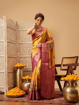 Silk Land - Digital Mustard Printed Soft Silk with Woven Saree with Unstitched Blouse