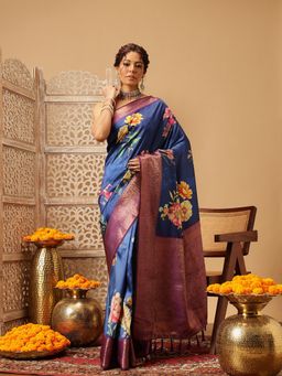 Silk Land - Digital Navy Blue Printed Saree with Unstitched Blouse