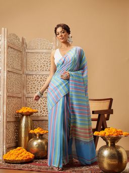 Silk Land - Digital Blue Printed Soft Mal Cotton Saree with Unstitched Blouse