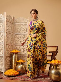 Silk Land - Digital Yellow Printed Soft Mal Cotton Saree with Unstitched Blouse