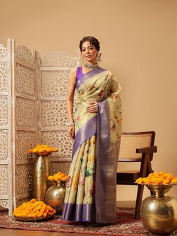 Silk Land - Banarasi Beige Digital Printed Woven Saree with Unstitched Blouse