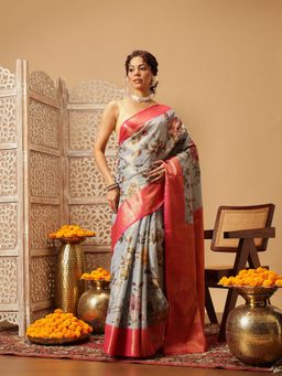 Silk Land - Banarasi Grey Soft Silk Digital Printed Woven Saree with Unstitched Blouse